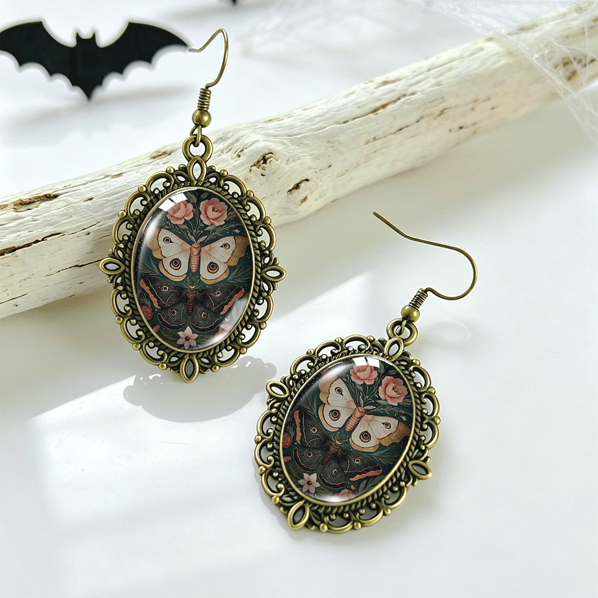 Vintage Openwork Lace Time Earrings with Pink Rose & Moth Print